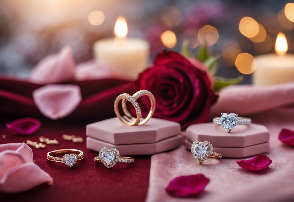 A close-up of romantic jewelry including rings, heart-shaped pendants, and diamond earrings arranged with rose petals and a glowing candle.