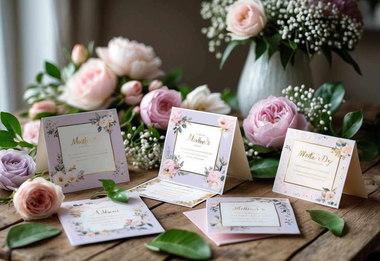 A collection of beautifully decorated Mother's Day cards surrounded by fresh flowers on a wooden table.