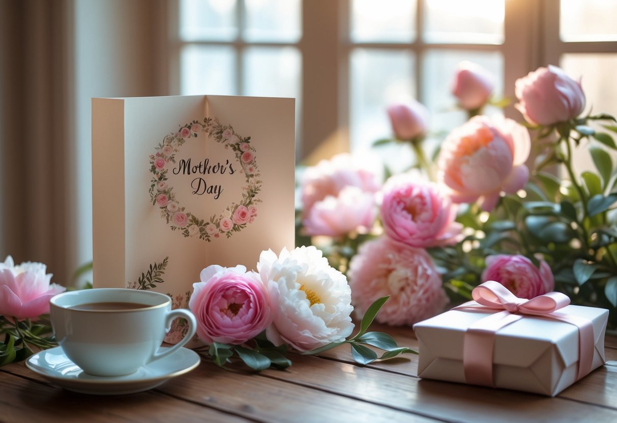 A Mother's Day greeting card surrounded by pink and white flowers, a cup of tea, and a wrapped gift on a wooden table.