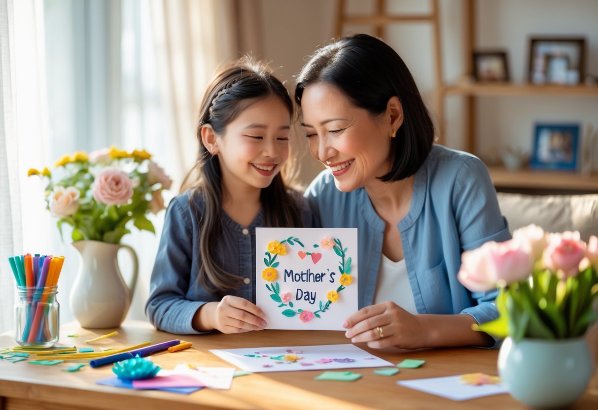 A mother and adult child sitting at a table exchanging a handmade Mother's Day card, smiling warmly in a bright, cozy room.