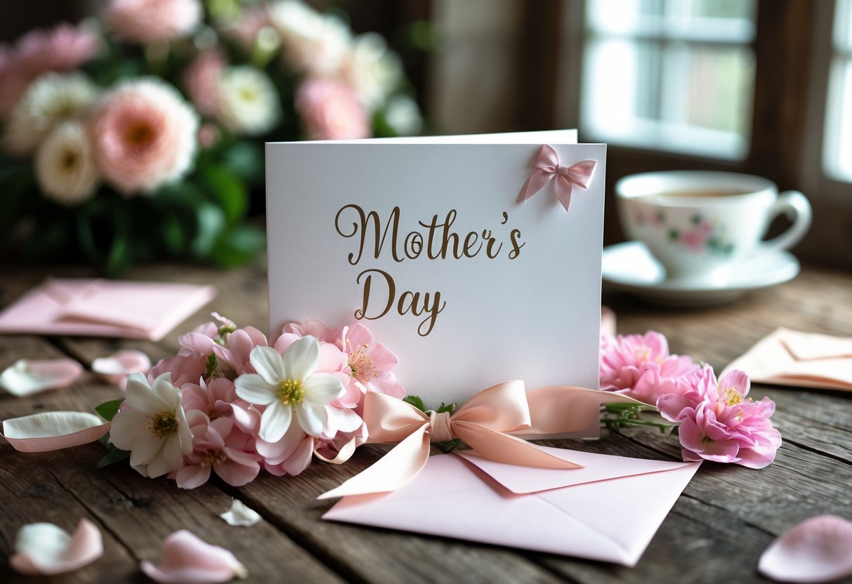 A close-up of a Mother's Day card surrounded by flowers, envelopes, and a ribbon on a wooden table with soft natural light.