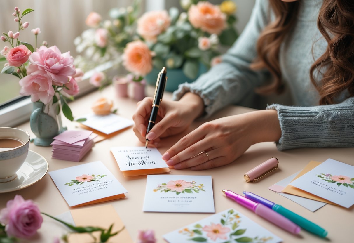 Hands writing a heartfelt message on a Mother's Day card at a cozy table with flowers and writing supplies.