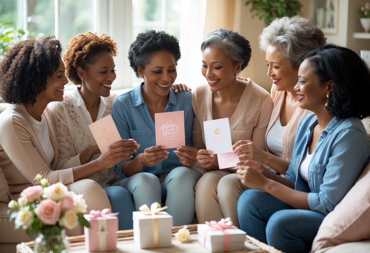 A group of women warmly exchanging Mother's Day cards and gifts in a cozy living room filled with natural light and flowers.