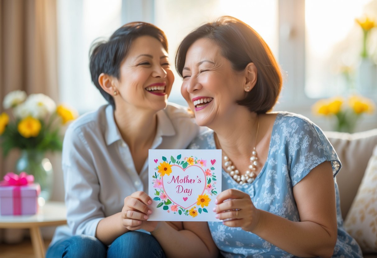 A mother and adult child smiling and sharing a happy moment indoors with a Mother's Day card and flowers nearby.