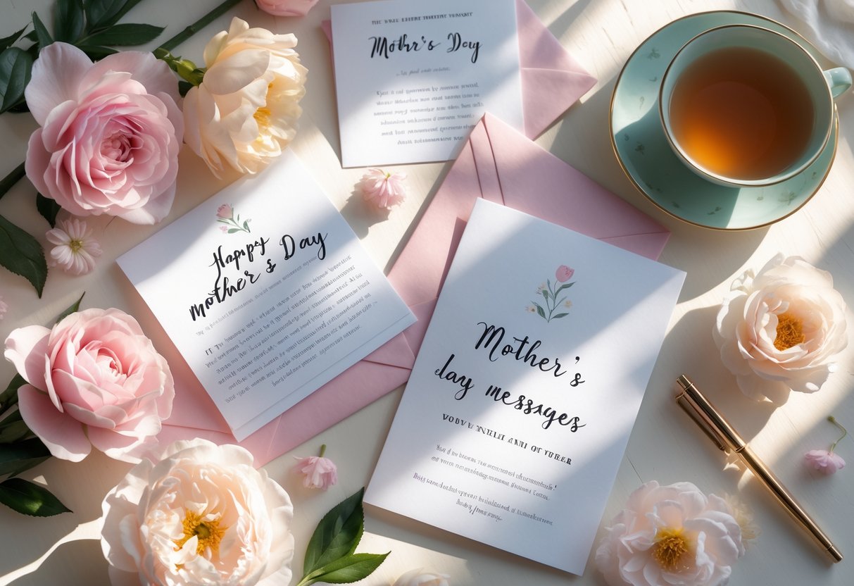 Flat lay of Mother's Day cards, flowers, envelopes, and a cup of tea on a wooden table.