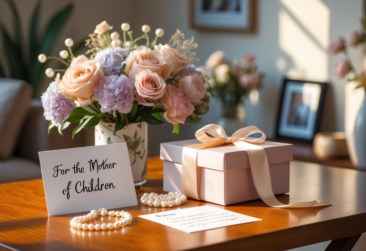 A still life of luxury gifts including a flower bouquet, a wrapped gift box with ribbon, a pearl necklace, and a handwritten card on a wooden table.