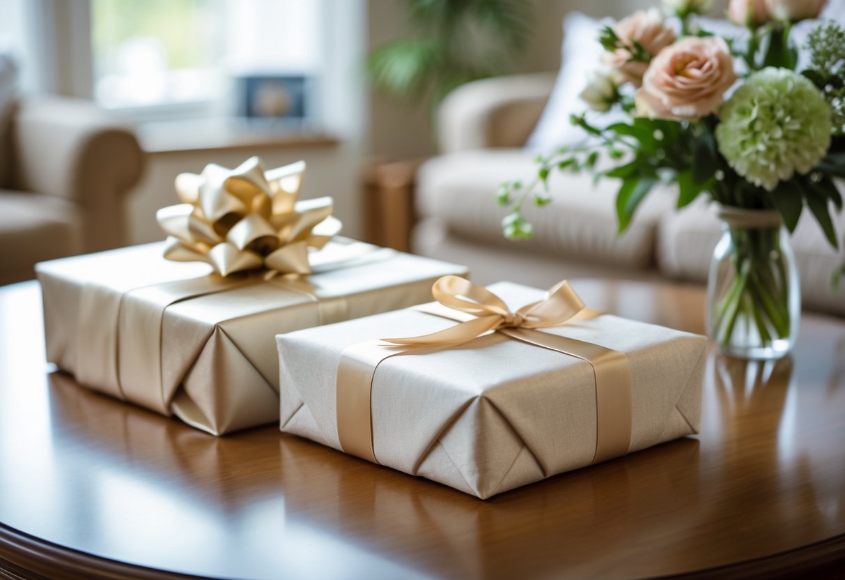 A beautifully wrapped gift box with a ribbon and a bouquet of flowers on a table in a cozy home setting.