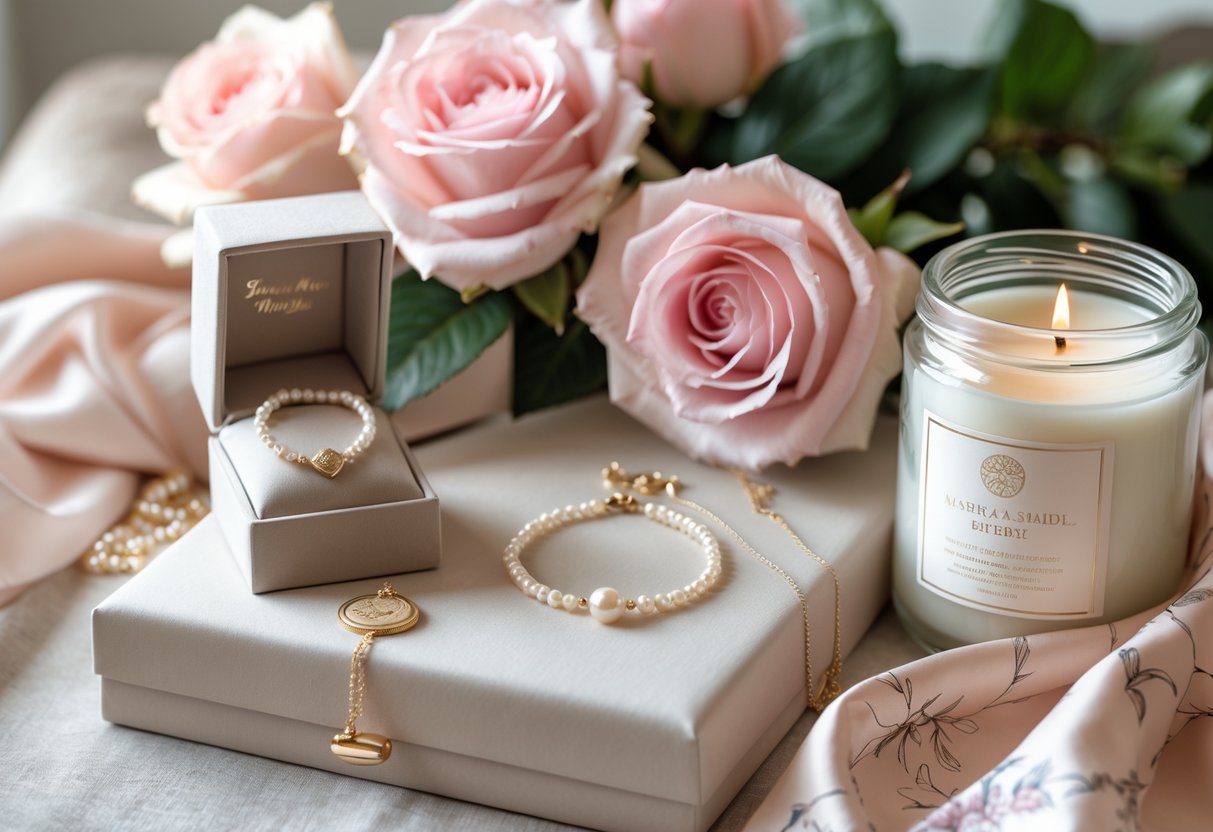 A collection of elegant personalized gifts including jewelry, a silk scarf, and flowers arranged on a soft surface.