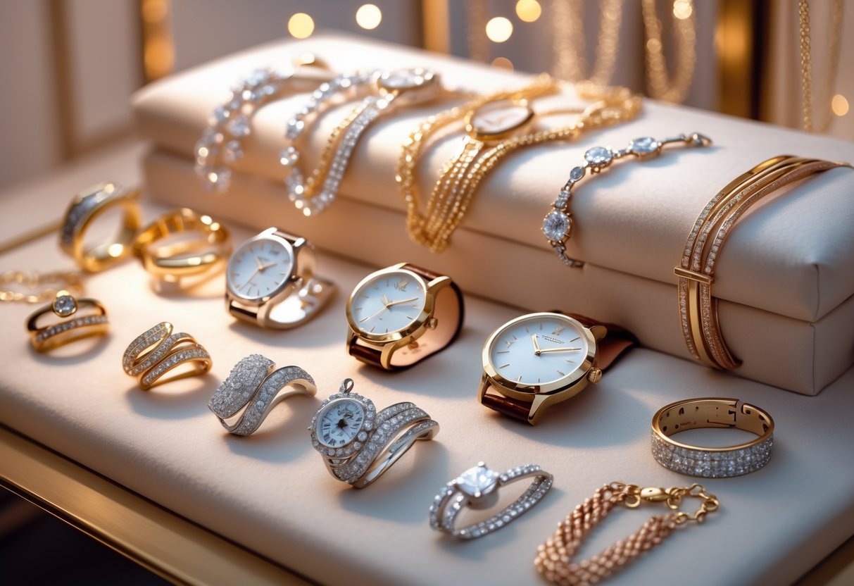 A close-up of elegant jewelry and wristwatches arranged on a soft surface, highlighting rings, bracelets, necklaces, and classic watches.