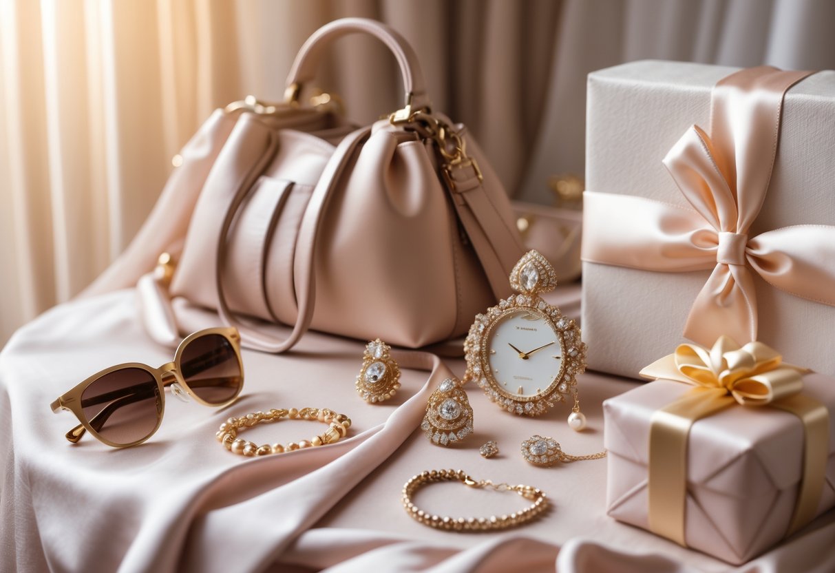 A collection of designer clothing and accessories arranged next to an elegantly wrapped gift box in a warm, softly lit setting.