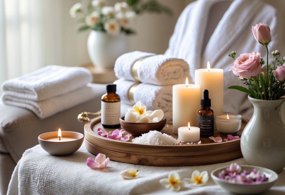 A spa setting with candles, towels, flower petals, essential oils, and fresh flowers arranged on a wooden tray in a peaceful room.
