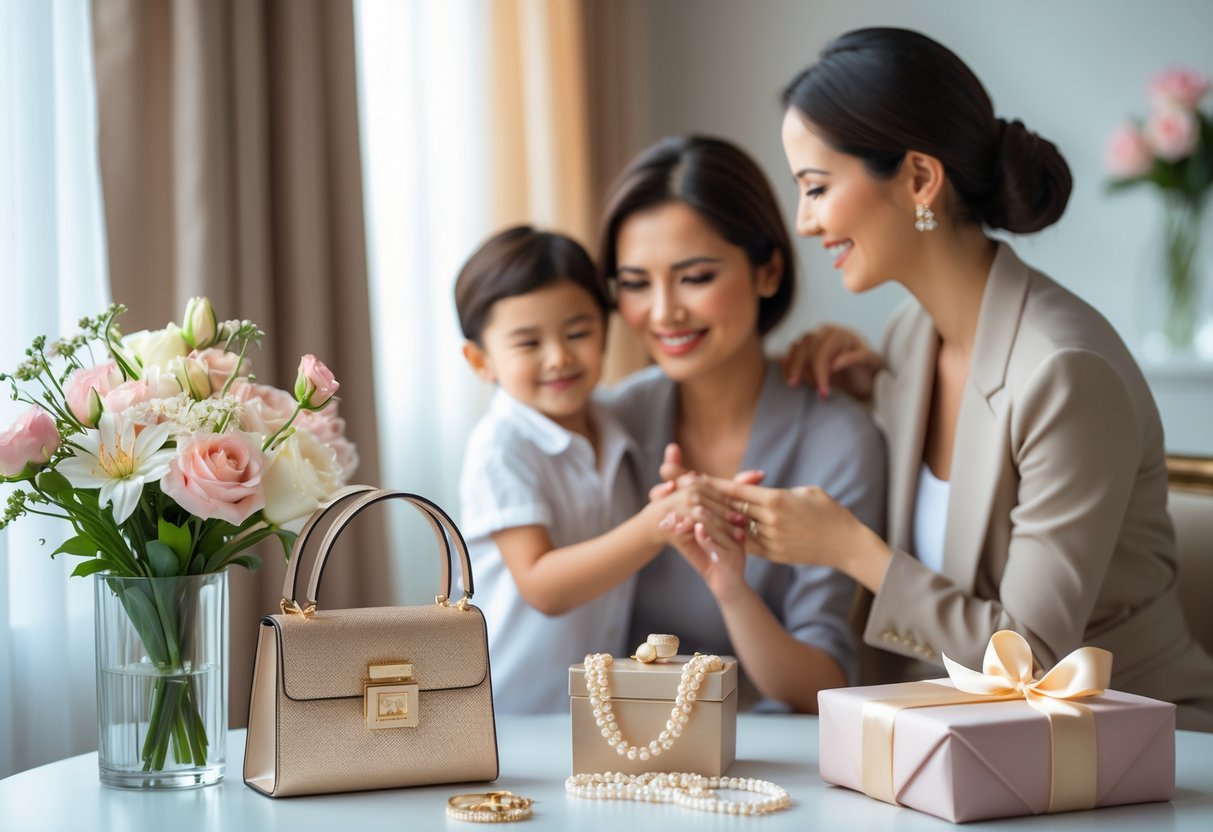 A mother and her children sharing a joyful moment surrounded by elegant gift items including flowers, jewelry, and a wrapped present in a warmly lit room.