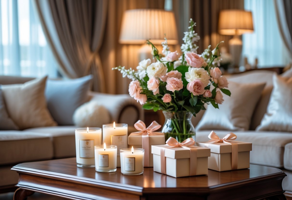 A cozy living room with elegant décor, scented candles, and wrapped gift boxes on a coffee table.