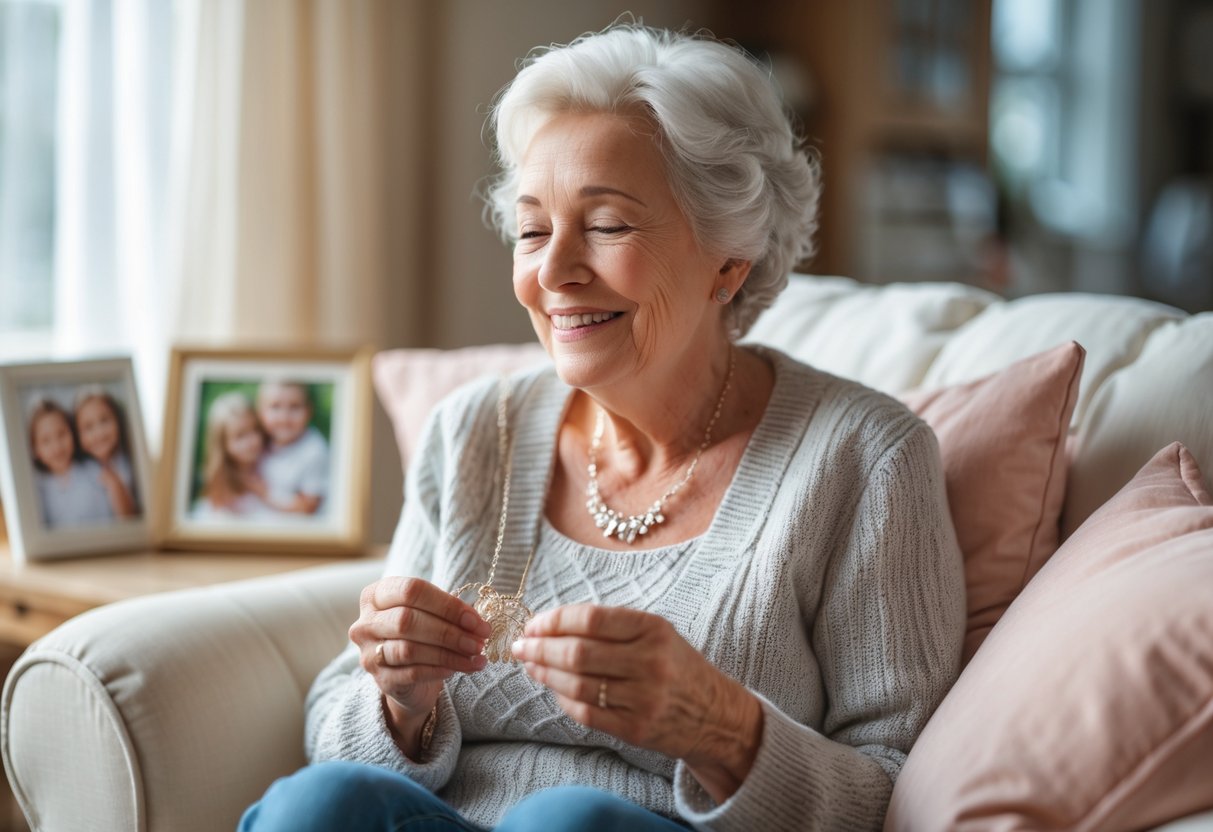 A grandmother smiling while holding a delicate necklace in a cozy living room with family photos nearby.