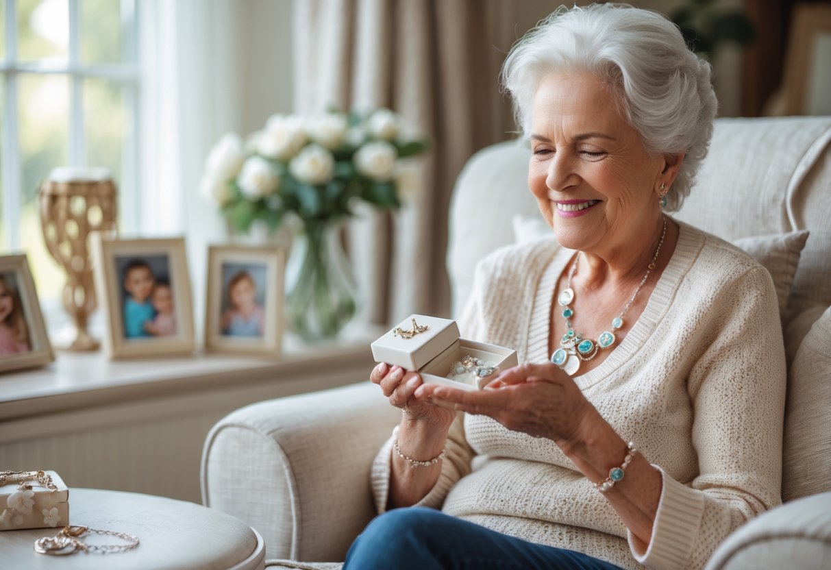 A grandmother smiling while holding an open jewelry box with keepsake jewelry, surrounded by family photos in a cozy living room.