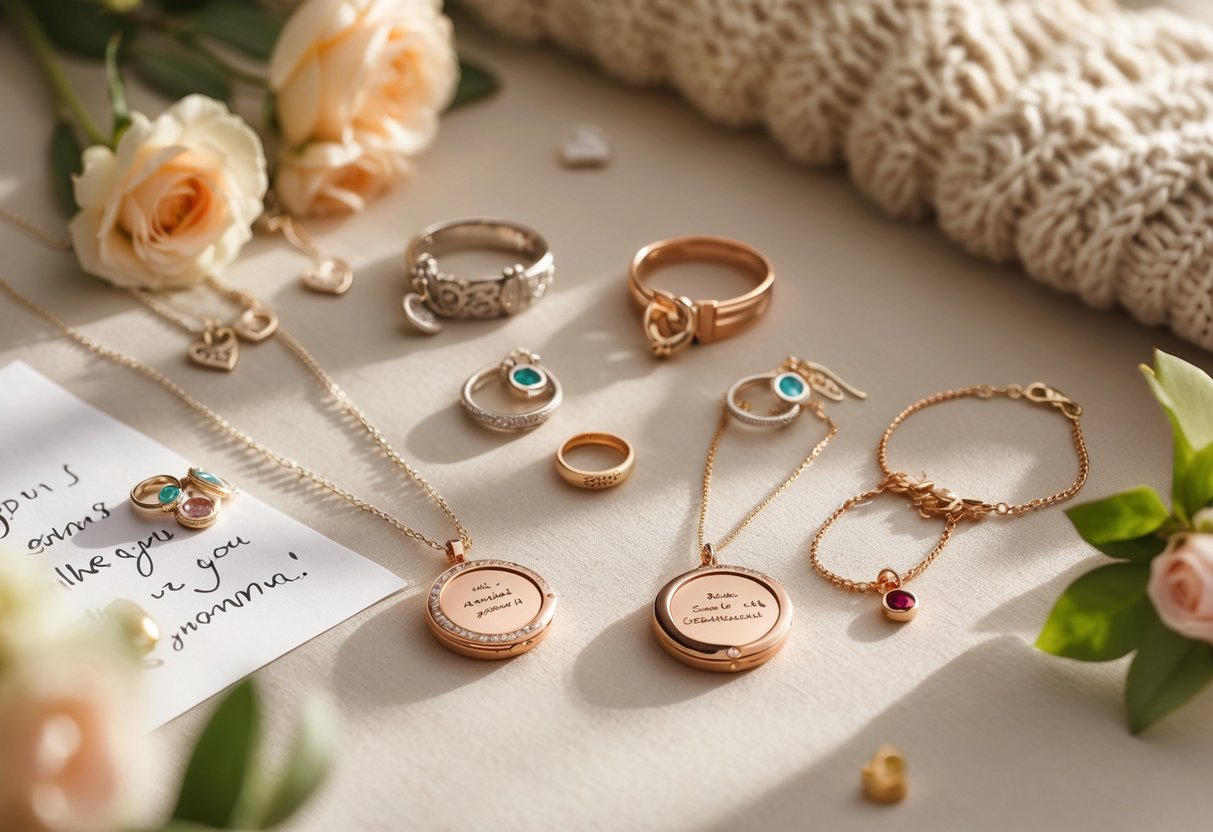 A collection of personalized keepsake jewelry for a grandmother displayed on soft fabric with flowers and a handwritten note nearby.