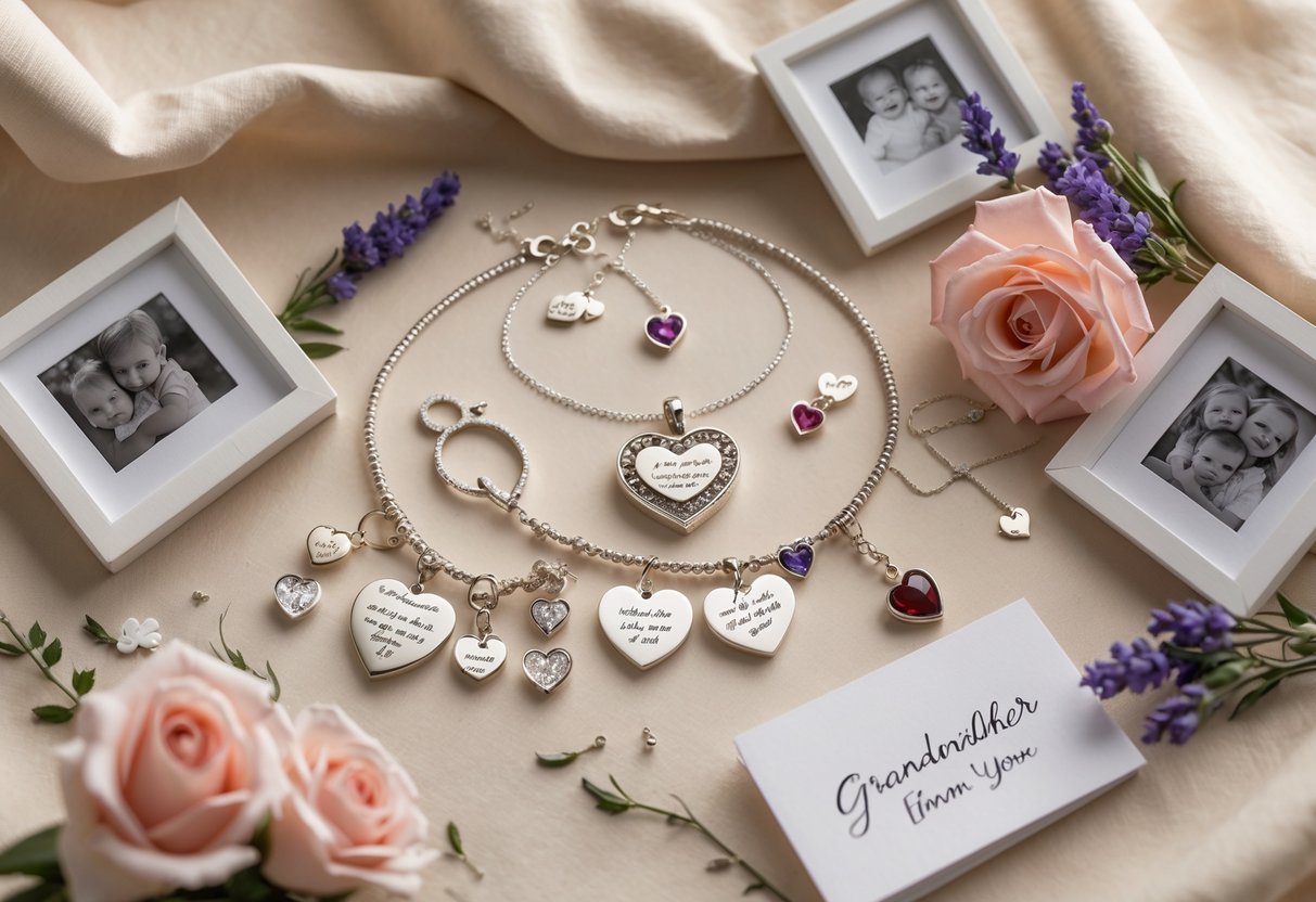 A collection of personalized jewelry pieces for a grandmother displayed with family photos and flowers on a soft fabric background.