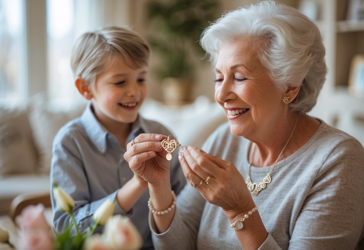 Grandmother happily receiving a keepsake jewelry gift from her grandchildren in a cozy living room.