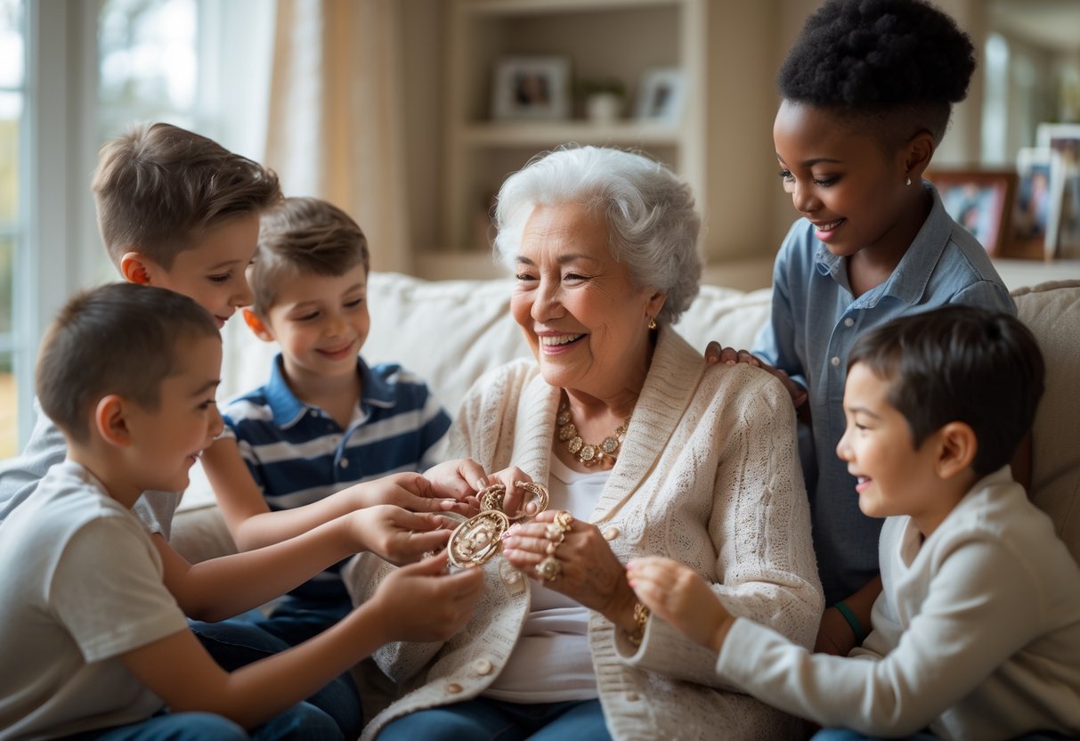 Grandmother happily receiving keepsake jewelry from her smiling grandkids in a cozy living room.
