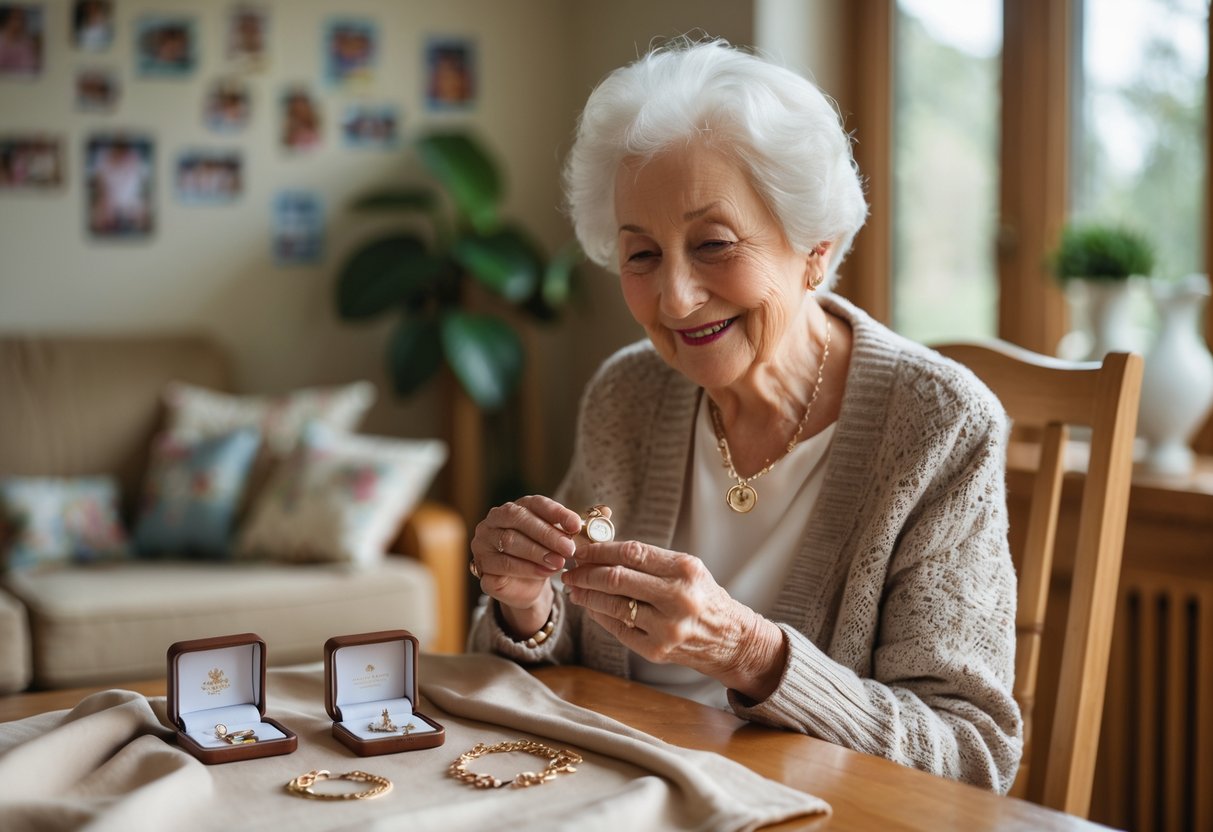 An elderly grandmother smiling while holding keepsake jewelry surrounded by other jewelry pieces on a table in a cozy living room with family photos in the background.