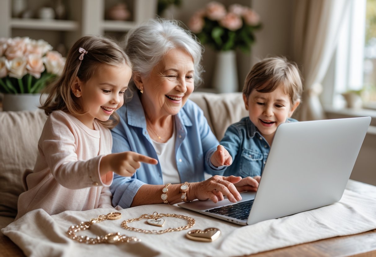Grandmother and two grandchildren looking at a laptop together with keepsake jewelry displayed on the table.