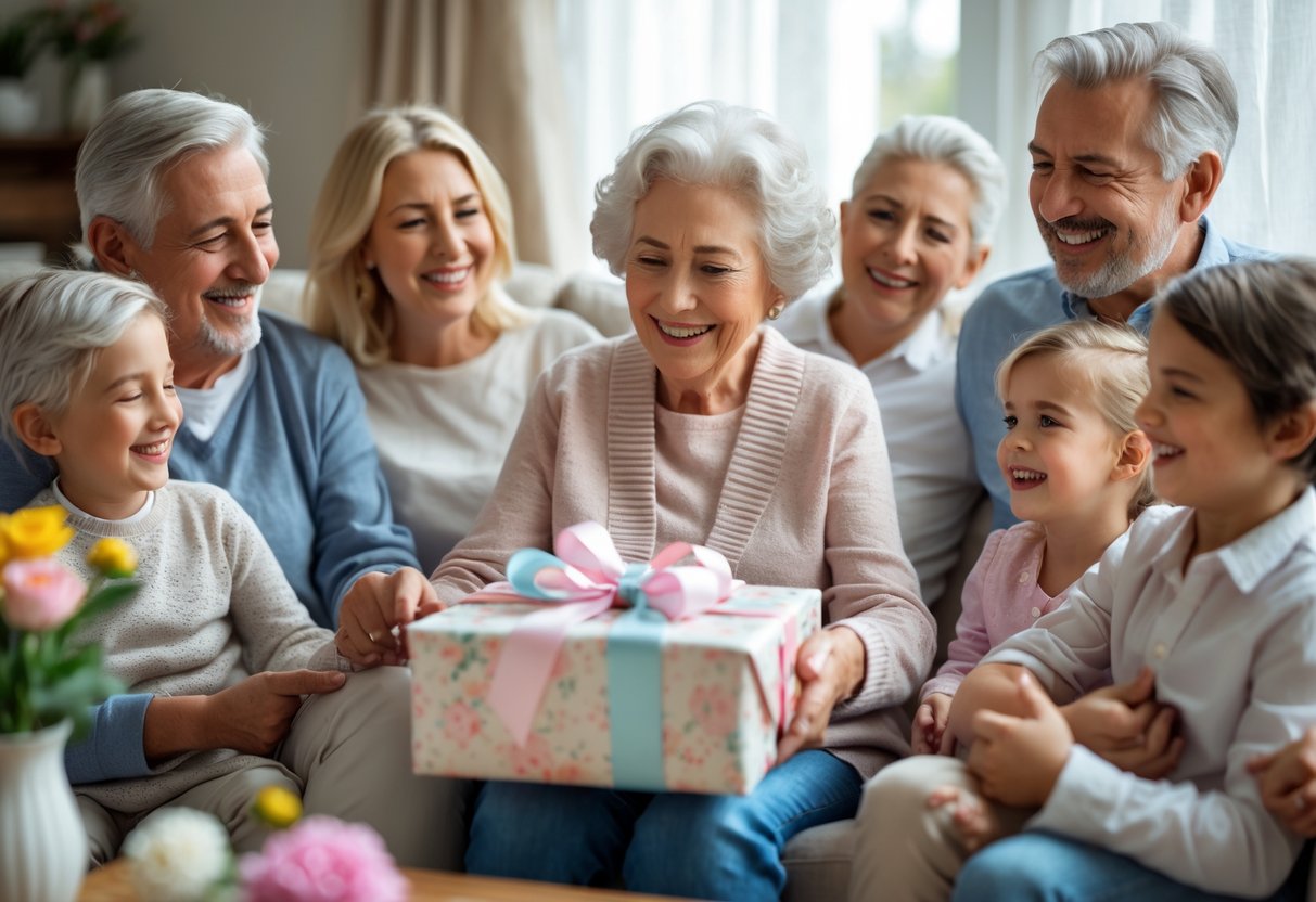 A grandmother happily receiving a wrapped gift from her family in a cozy living room filled with natural light and flowers.