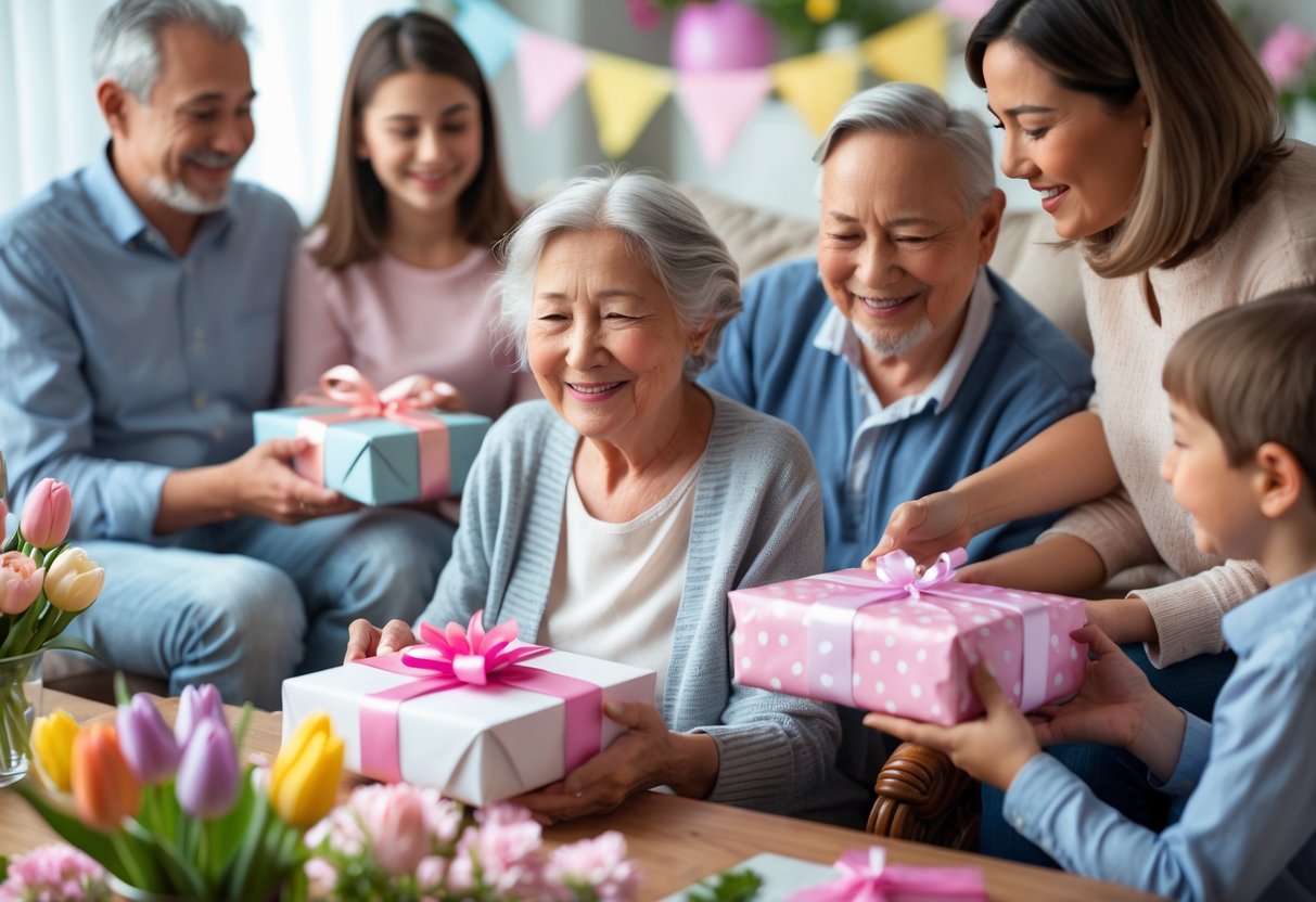 A grandmother happily receiving Mother's Day gifts from her family in a cozy living room filled with flowers and decorations.