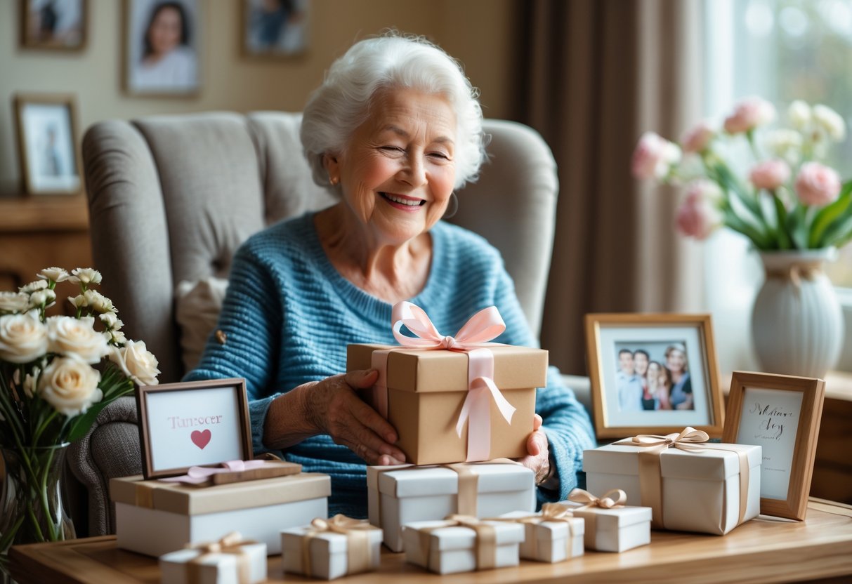 An elderly grandmother sitting in a cozy living room holding a wrapped gift, surrounded by personalized Mother's Day presents on a table.