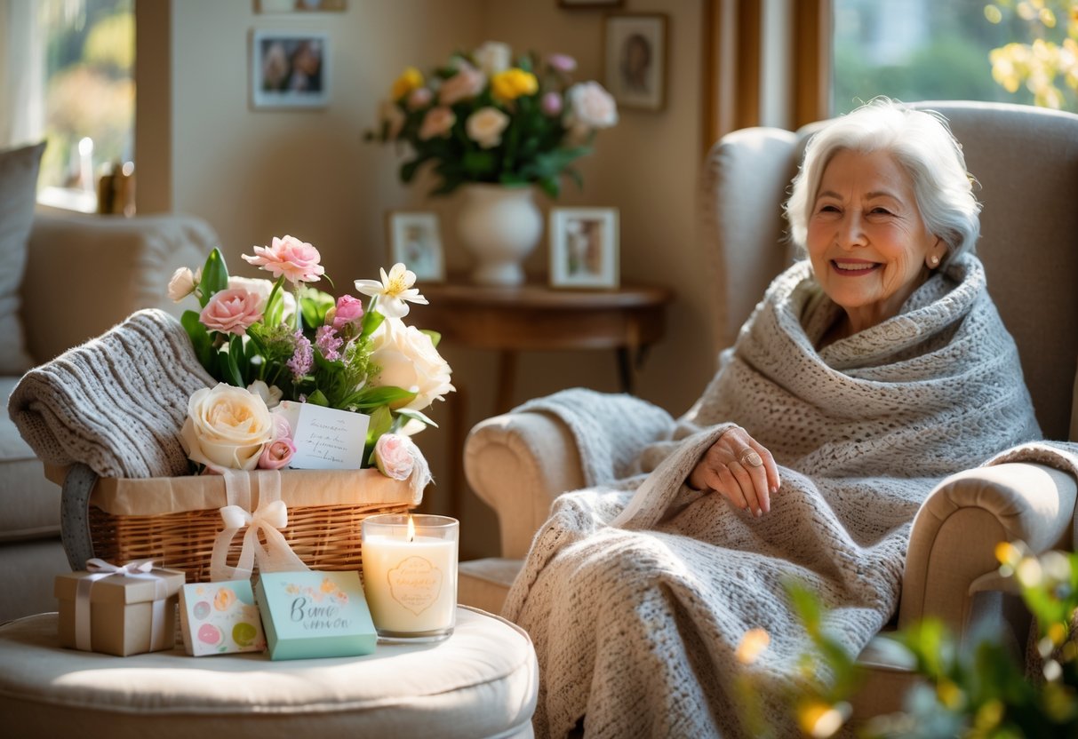 An elderly woman sitting in a cozy living room wrapped in a knitted blanket, smiling near a gift basket filled with flowers, tea, a candle, and a card.