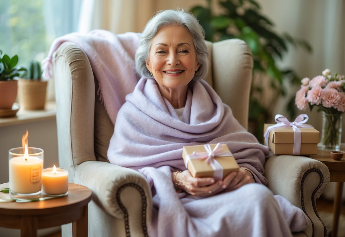 An elderly woman sitting comfortably in a cozy armchair surrounded by self-care gifts like candles, skincare products, tea, and flowers.