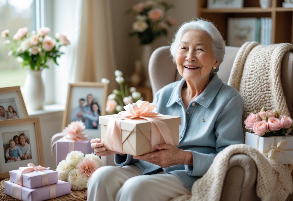 Elderly grandmother sitting in a cozy living room holding a wrapped gift, surrounded by family photos, flowers, and handmade cards.