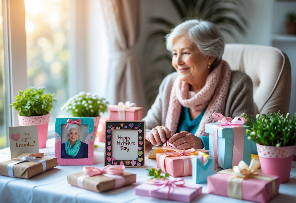 A grandmother smiling warmly while sitting near a table filled with handmade gifts and crafts for Mother's Day.