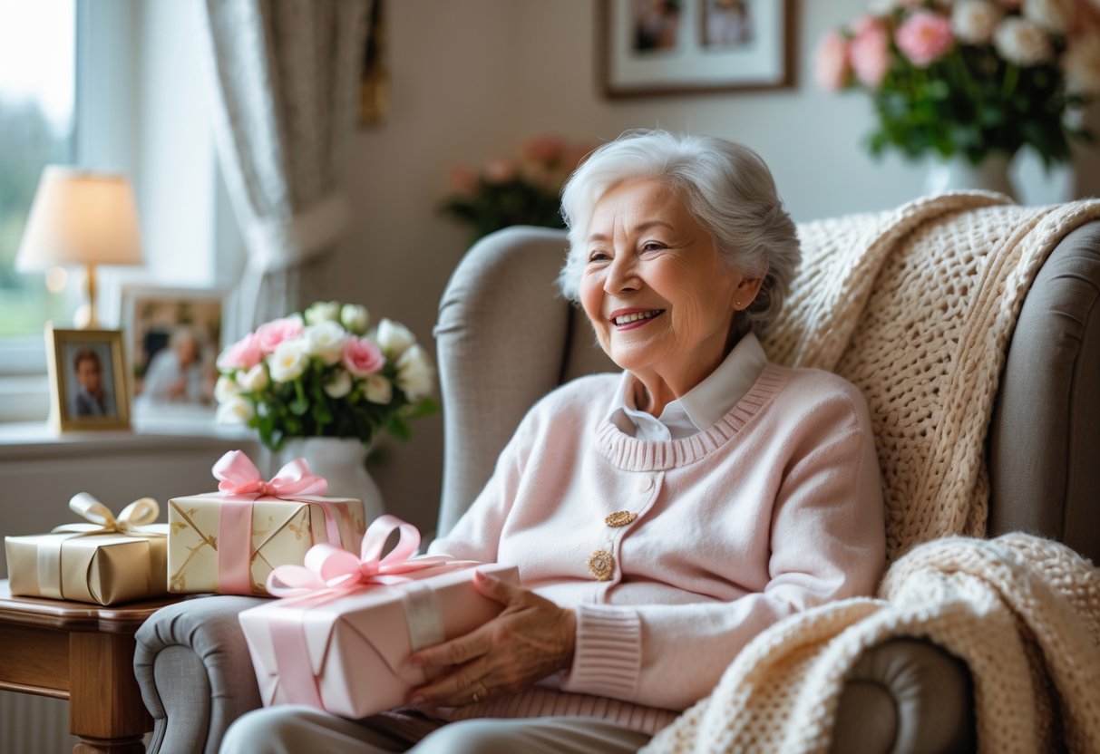 Elderly grandmother sitting in a cozy living room surrounded by gifts like flowers, a photo album, and a knitted blanket, smiling warmly.