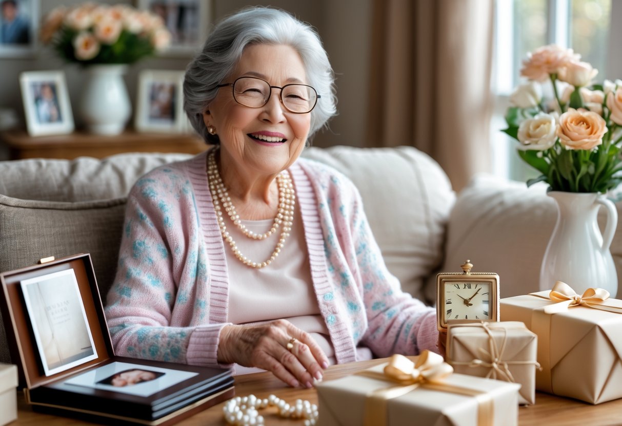 An elderly grandmother smiling warmly while sitting in a cozy living room surrounded by classic gifts like a photo album, pearl necklace, and wrapped presents.