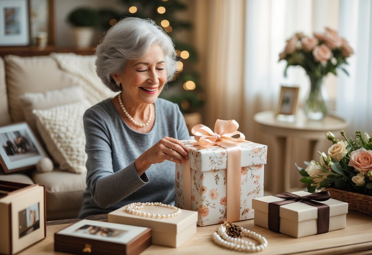 An elderly woman smiling as she unwraps a gift in a cozy living room with classic presents and flowers nearby.