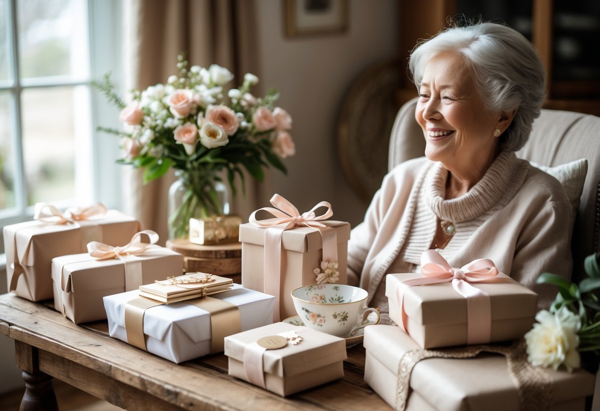 An elderly woman smiling warmly while sitting in a cozy living room with personalized gifts arranged on a wooden table in front of her.
