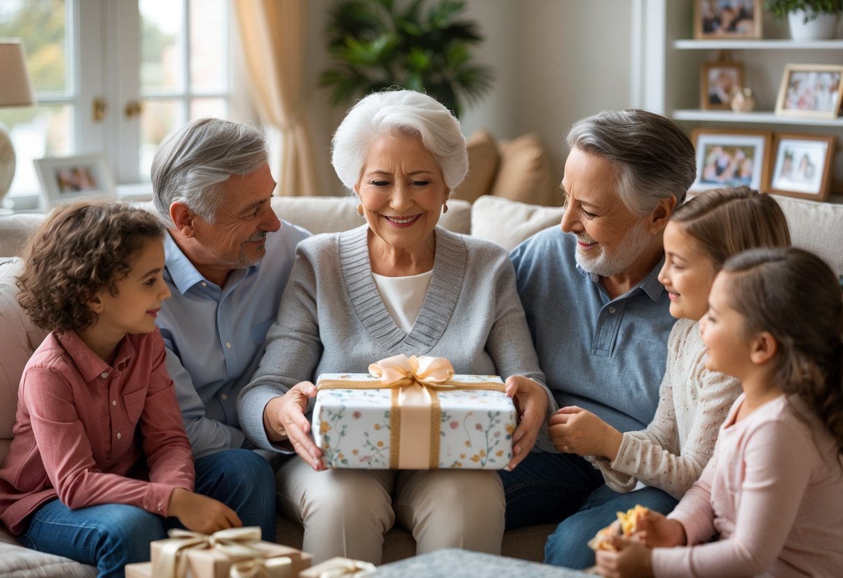 A grandmother surrounded by her family, smiling as she receives a sentimental gift in a cozy living room.