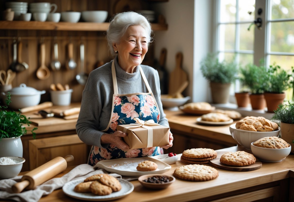 An elderly grandmother in a kitchen holding a wrapped gift box, surrounded by baking tools and freshly baked goods on the counter.