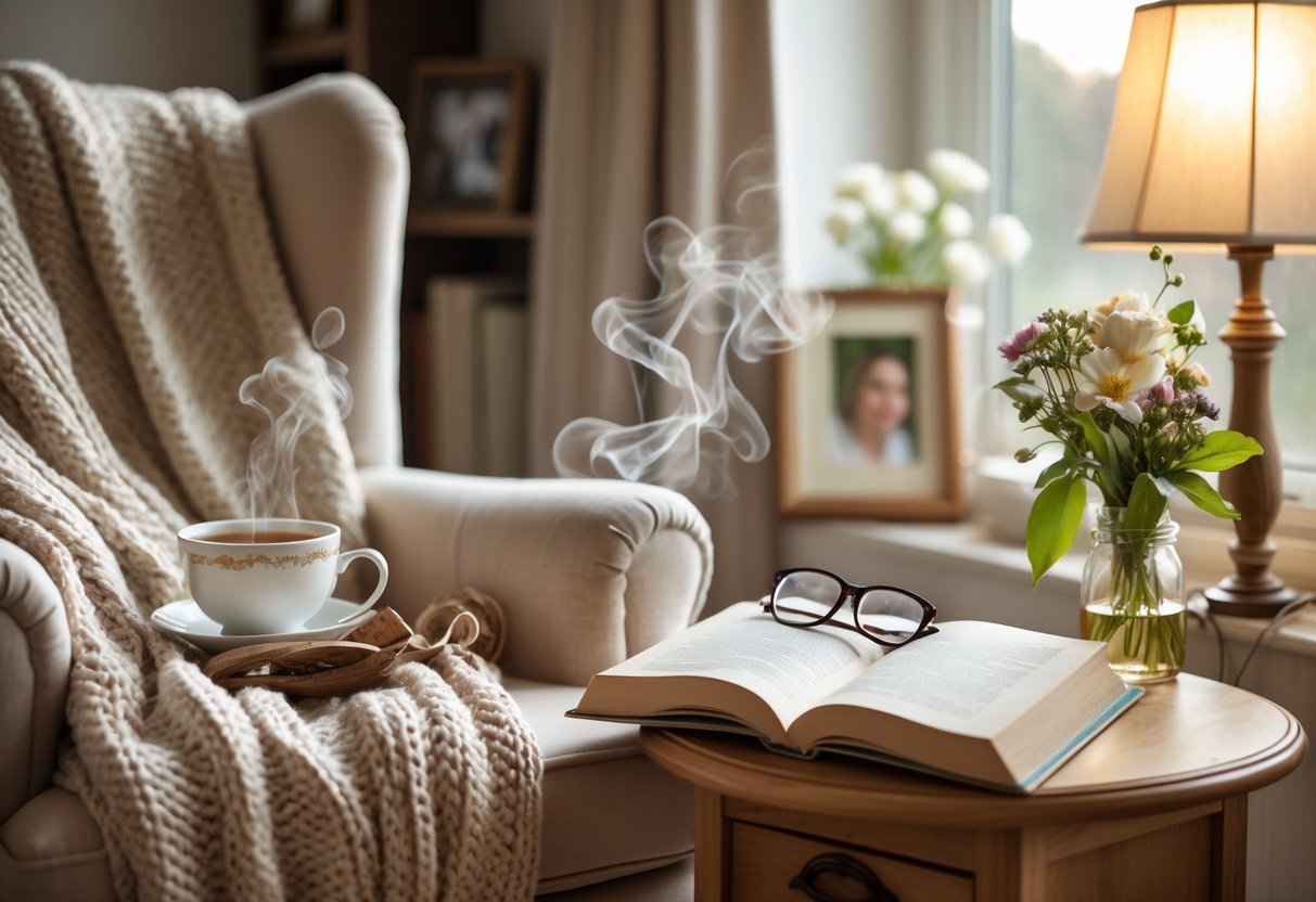 A cozy living room corner with a plush armchair, knitted blanket, steaming tea cup, open book with glasses, and fresh flowers on a side table.