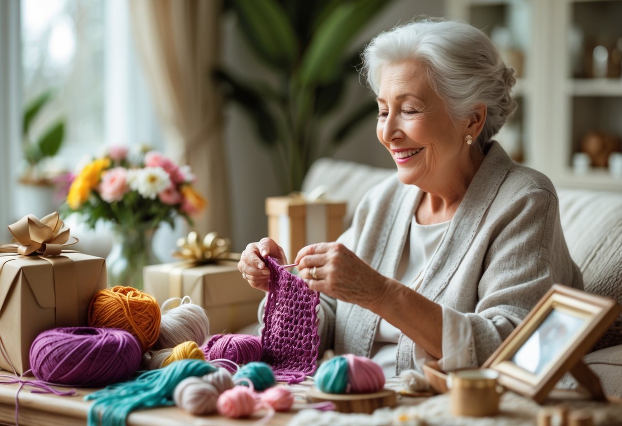 An elderly woman happily knitting in a cozy living room, surrounded by crafting materials and timeless gifts on a nearby table.