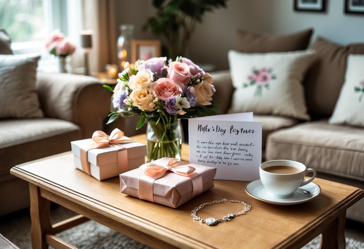A cozy living room table with Mother's Day gifts including flowers, a gift box, a handwritten card, and jewelry, creating a warm and loving atmosphere.