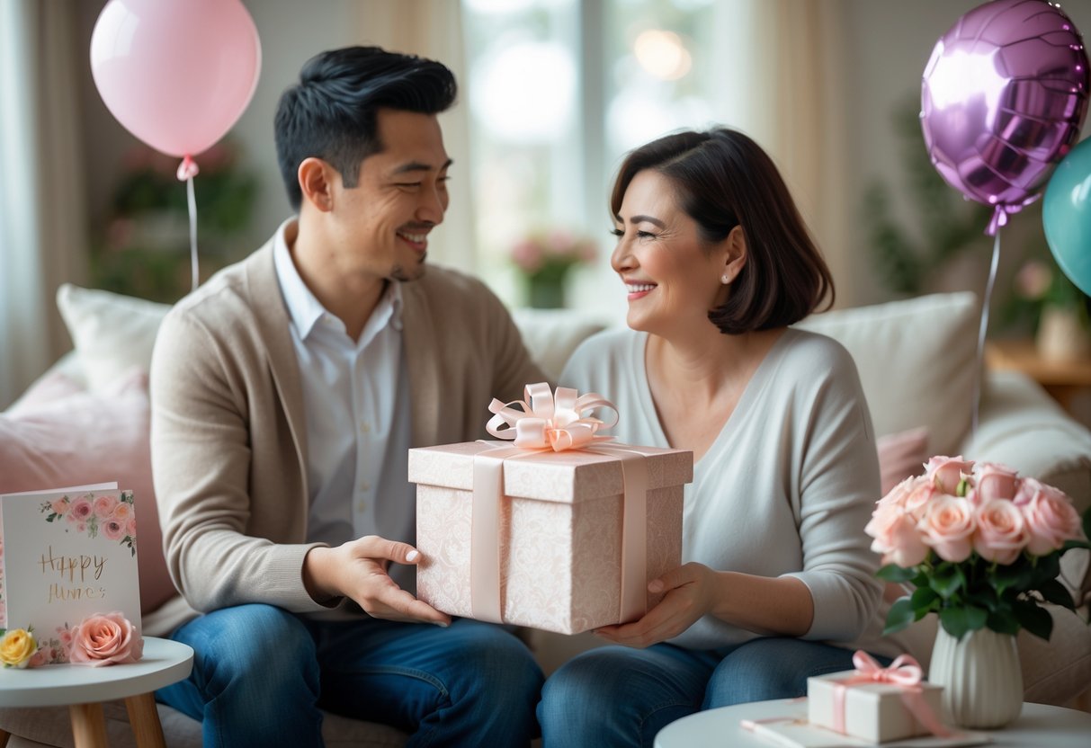 A couple celebrating Mother's Day with the partner giving a wrapped gift to the mother in a cozy living room decorated with flowers and balloons.