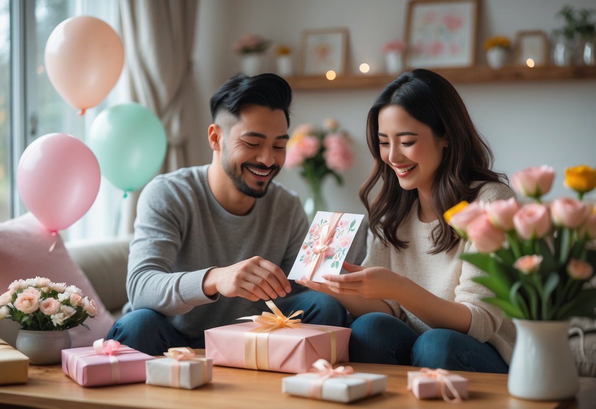 A couple happily preparing Mother's Day gifts together in a cozy living room with flowers and decorations.