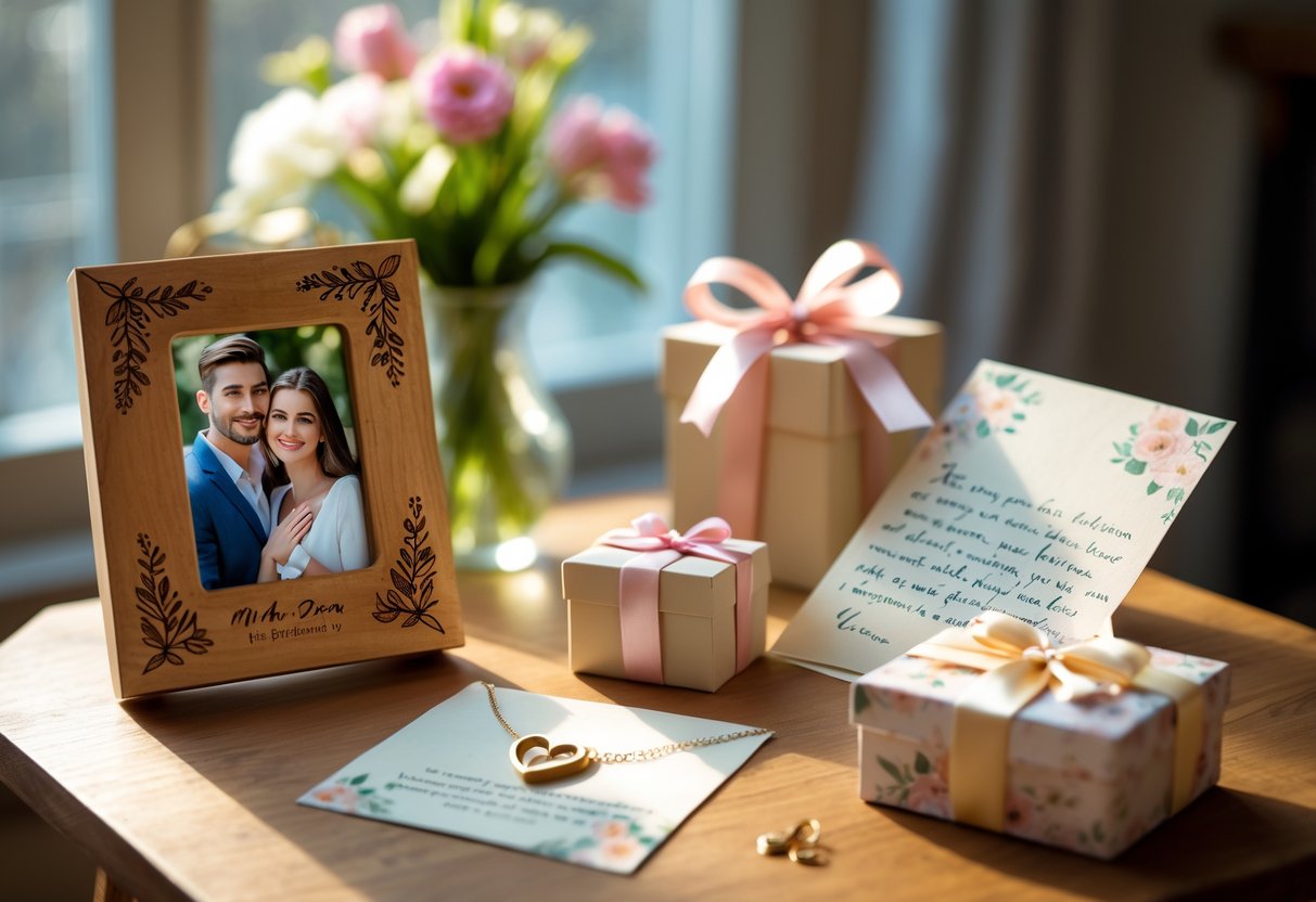 A table displaying personalized Mother’s Day gifts including a photo frame, necklace, handwritten letter, and keepsake box with flowers in the background.