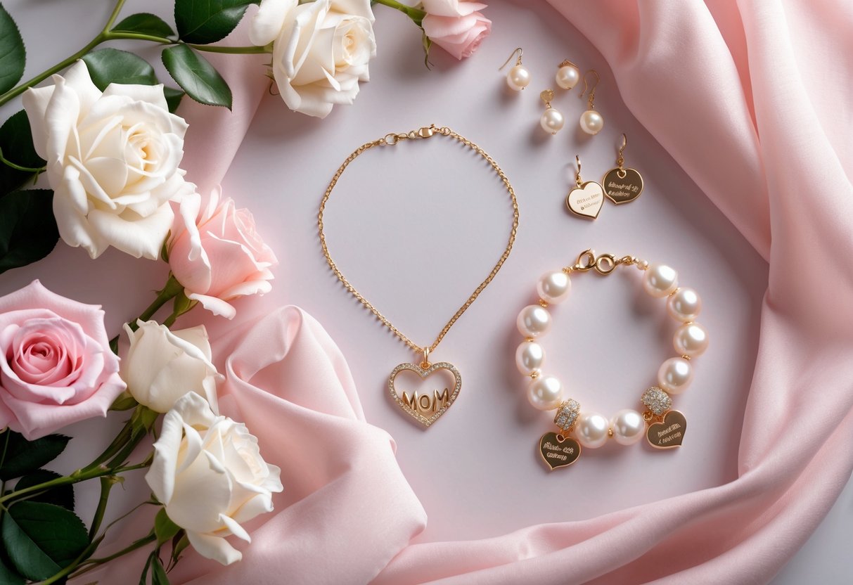 A flat lay of gold heart-shaped necklace, pearl earrings, and charm bracelet on pink fabric surrounded by white and pink roses.