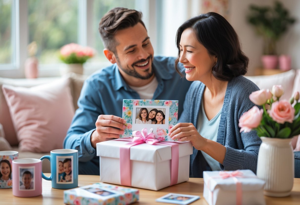 A couple sharing a loving moment as one gives the other a framed photo gift in a cozy living room decorated for Mother's Day.