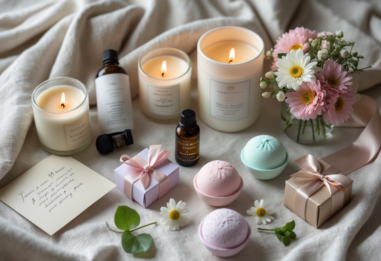A flat lay of scented candles, essential oils, bath bombs, fresh flowers, and a handwritten note arranged on a light fabric background.