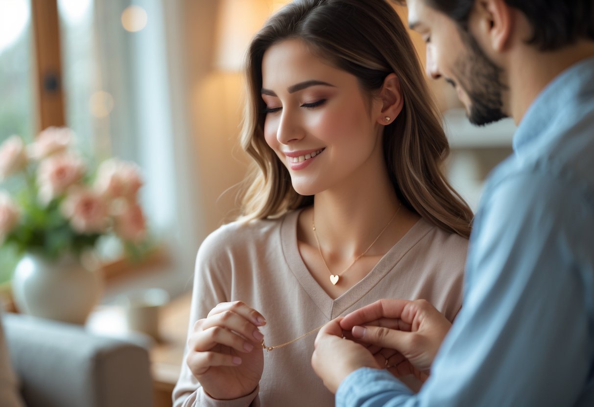 A young woman smiling as her partner puts a heart-shaped necklace around her neck in a cozy home setting.