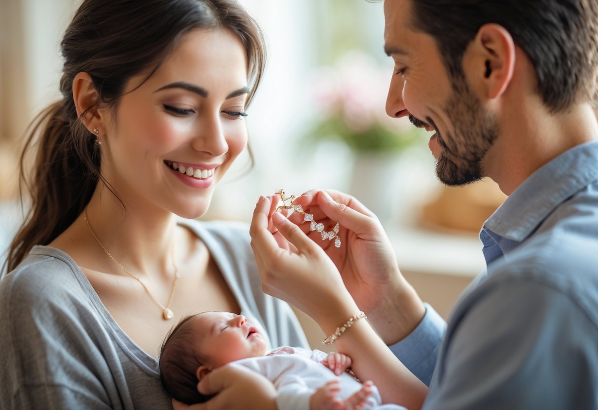 A young woman smiling as her partner gives her a piece of jewelry to celebrate her first Mother’s Day, with a baby or baby bump visible.