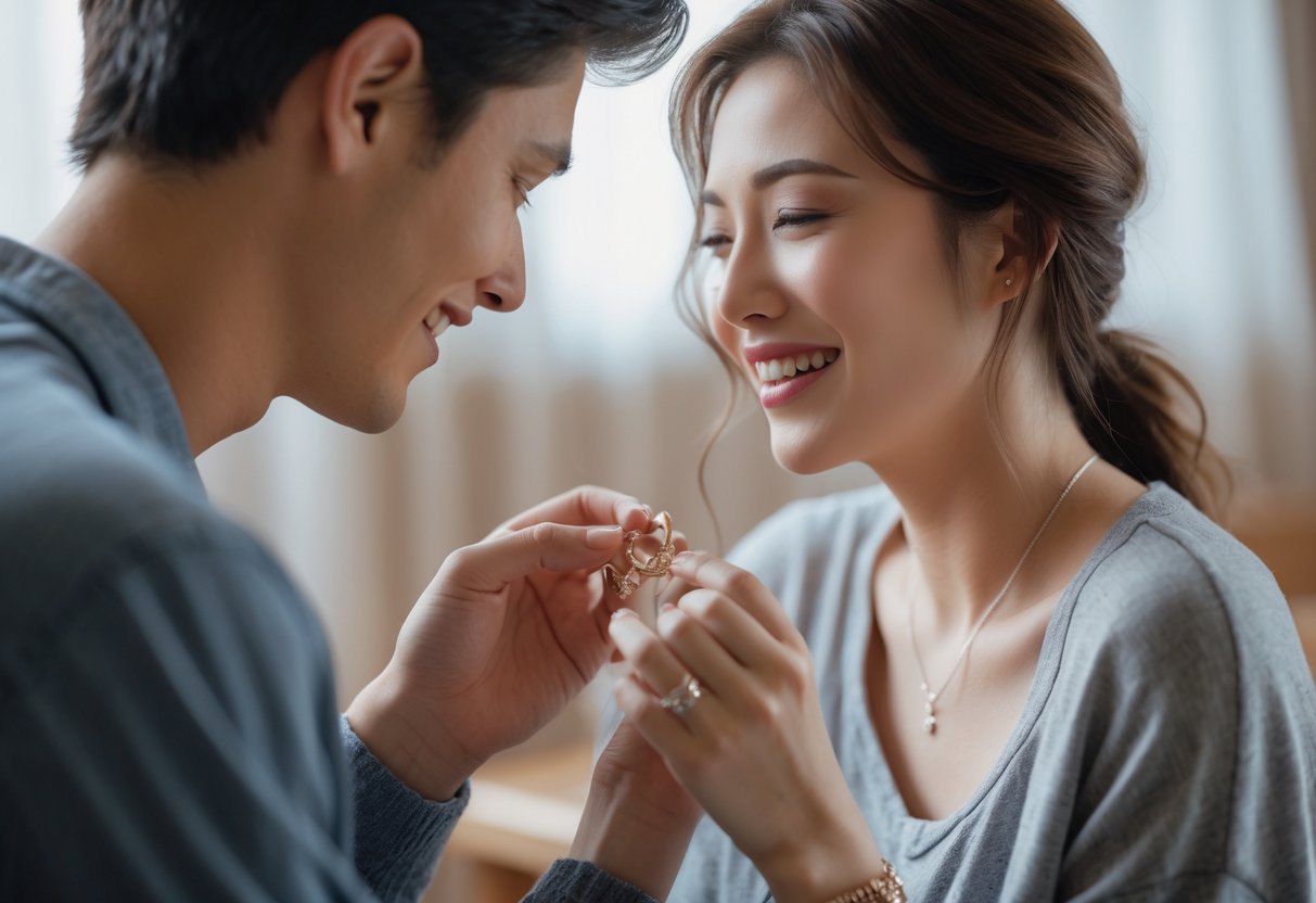 A young couple sharing a tender moment as the man gives the woman a piece of jewelry, celebrating her first Mother’s Day as his girlfriend.